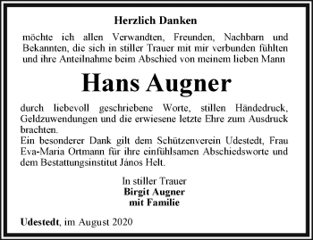 Traueranzeige von Hans Augner von Thüringer Allgemeine, Thüringische Landeszeitung