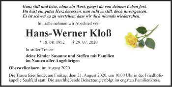 Traueranzeige von Hans-Werner Kloß von Ostthüringer Zeitung