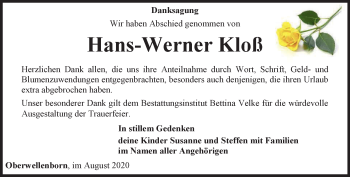 Traueranzeige von Hans-Werner Kloß von Ostthüringer Zeitung