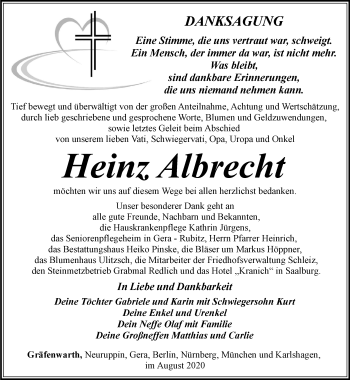 Traueranzeige von Heinz Albrecht von Ostthüringer Zeitung