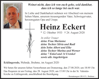 Traueranzeige von Heinz Eckert von Thüringer Allgemeine