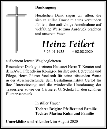 Traueranzeige von Heinz Feilert von Ostthüringer Zeitung