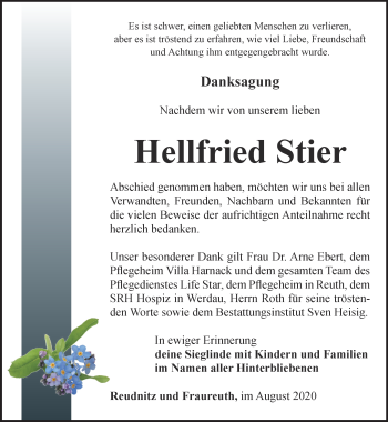 Traueranzeige von Hellfried Stier von Ostthüringer Zeitung