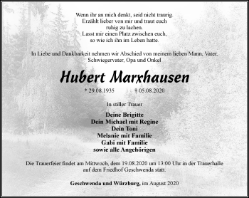 Traueranzeige von Hubert Marxhausen von Thüringer Allgemeine