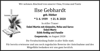 Traueranzeige von Ilse Gebhardt von Thüringer Allgemeine, Thüringische Landeszeitung