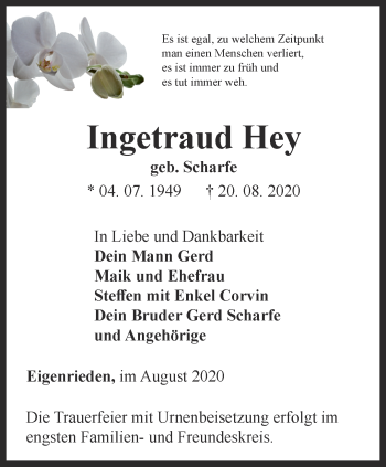 Traueranzeige von Ingetraud Hey von Thüringer Allgemeine, Thüringische Landeszeitung