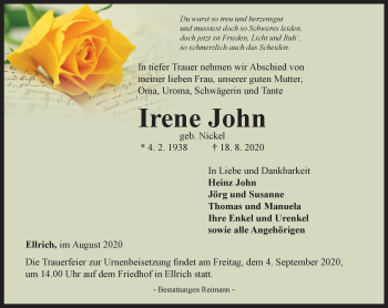 Traueranzeige von Irene John von Thüringer Allgemeine