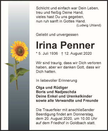 Traueranzeige von Irina Penner von Thüringer Allgemeine, Thüringische Landeszeitung