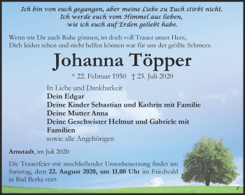 Traueranzeige von Johanna Töpper von Thüringer Allgemeine