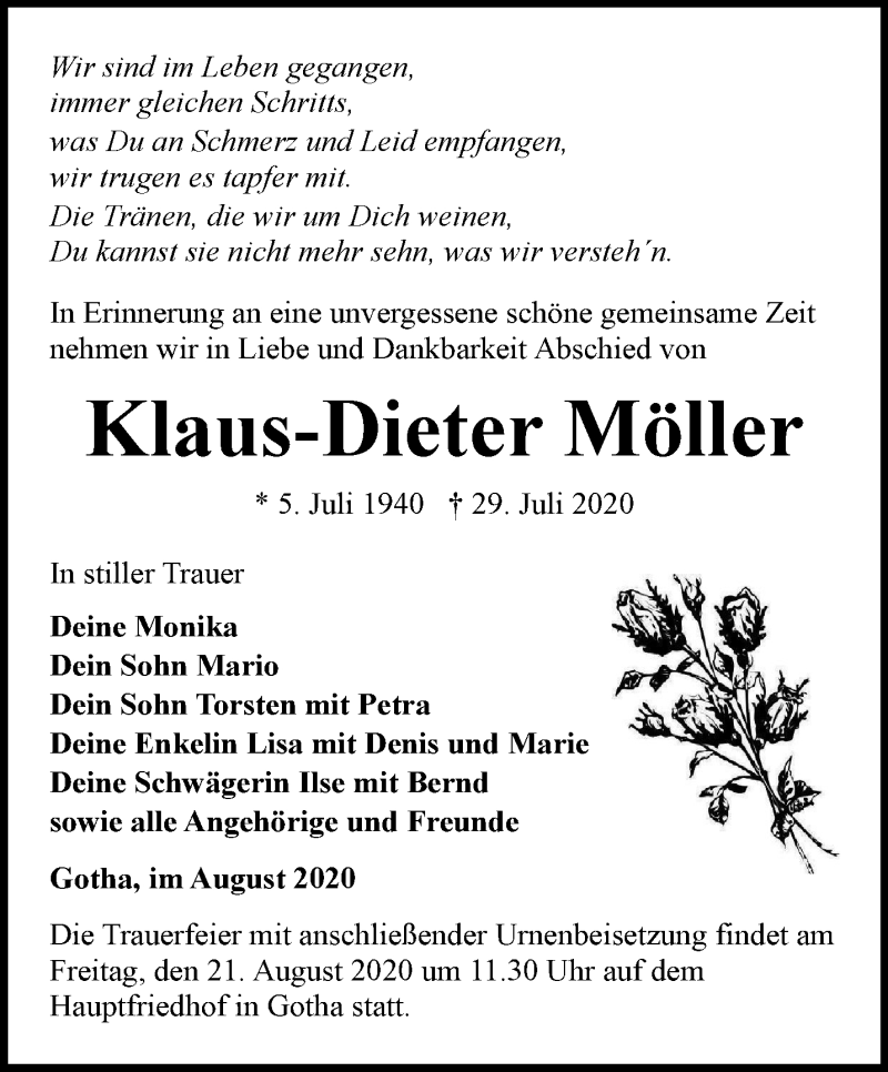  Traueranzeige für Klaus-Dieter Möller vom 18.08.2020 aus Thüringer Allgemeine, Thüringische Landeszeitung