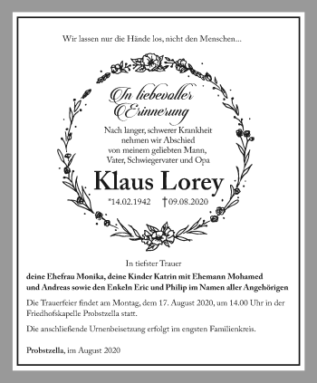 Traueranzeige von Klaus Lorey von Ostthüringer Zeitung