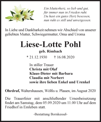 Traueranzeige von Liese-Lotte Pohl von Thüringer Allgemeine, Thüringische Landeszeitung