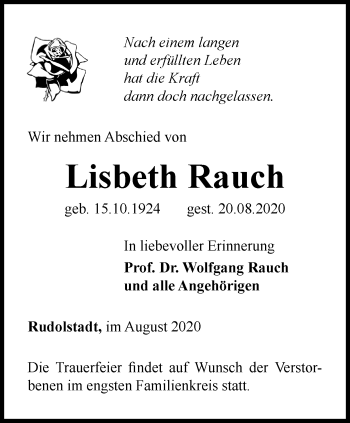 Traueranzeige von Lisbeth Rauch von Ostthüringer Zeitung
