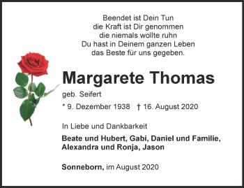 Traueranzeige von Margarete Thomas von Thüringer Allgemeine, Thüringische Landeszeitung