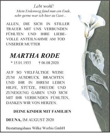 Traueranzeige von Martha Rode von Thüringer Allgemeine