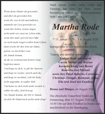 Traueranzeige von Martha Rode von Thüringer Allgemeine
