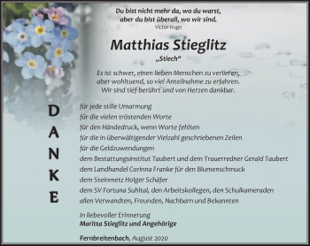 Traueranzeige von Matthias Stieglitz von Thüringer Allgemeine, Thüringische Landeszeitung