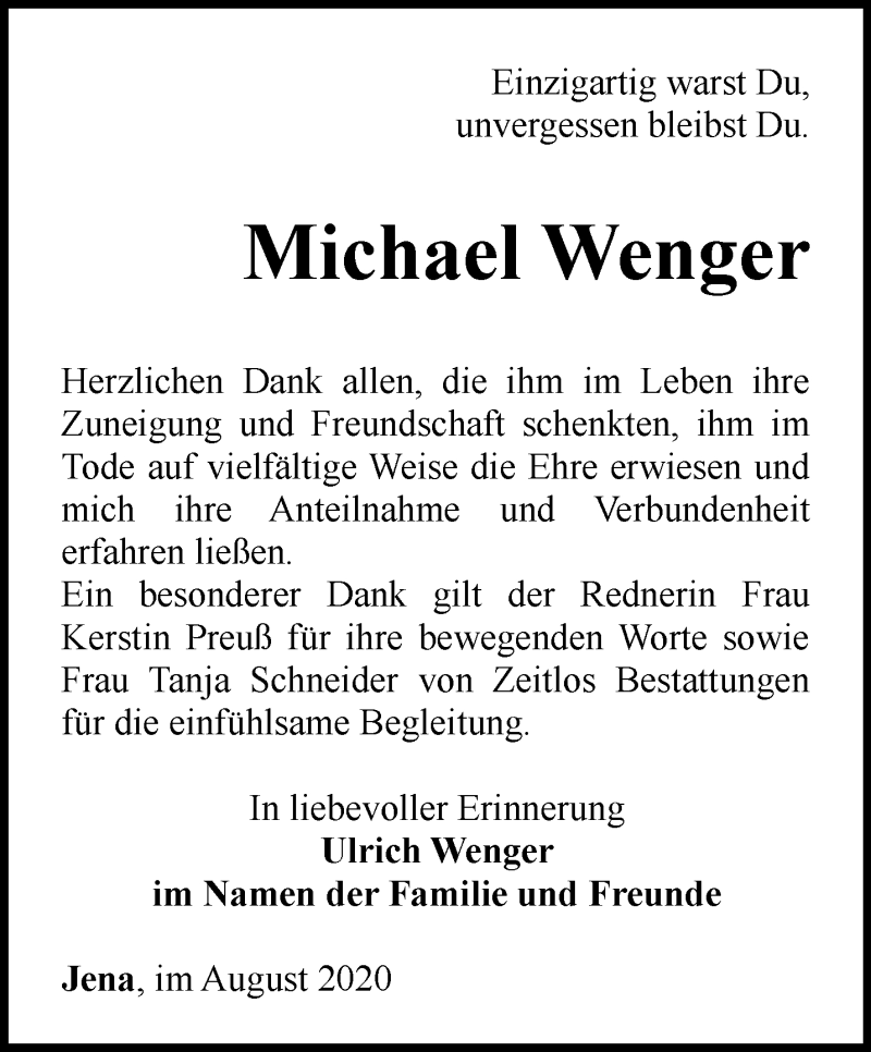  Traueranzeige für Michael Wenger vom 15.08.2020 aus Ostthüringer Zeitung, Thüringische Landeszeitung