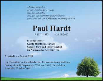 Traueranzeige von Paul Hardt von Thüringer Allgemeine