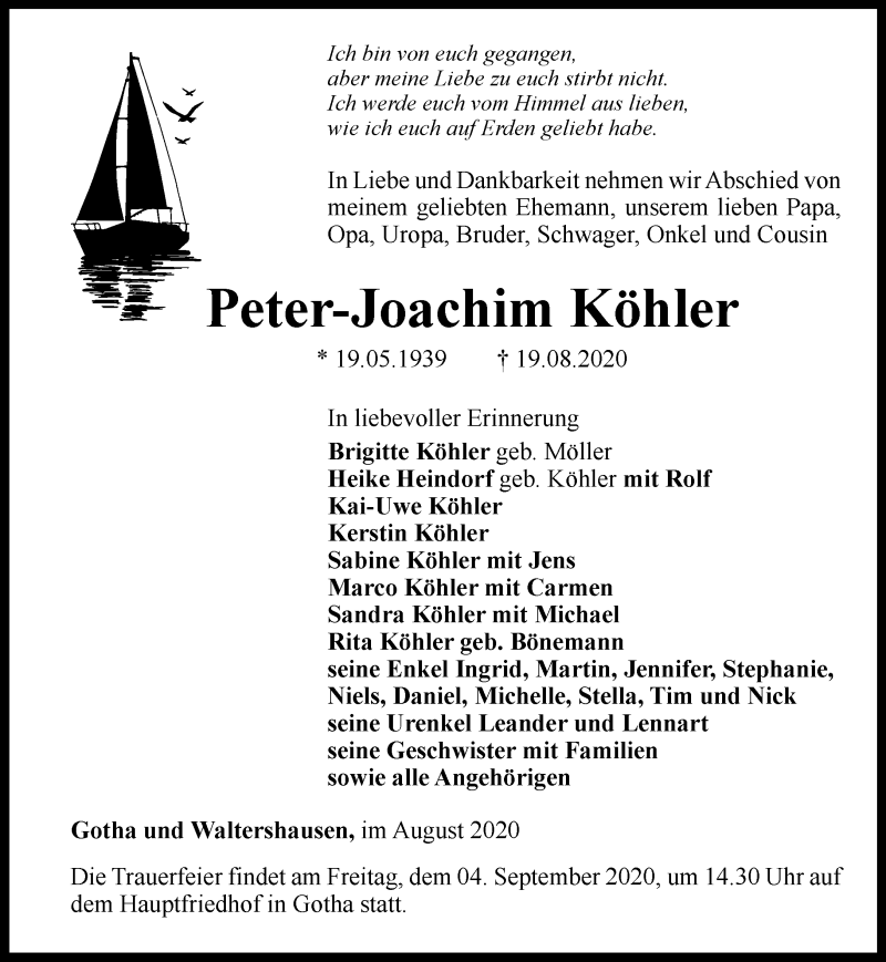  Traueranzeige für Peter-Joachim Köhler vom 22.08.2020 aus Thüringer Allgemeine, Thüringische Landeszeitung