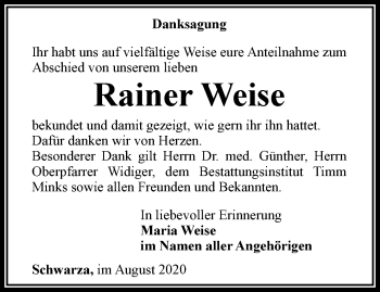 Traueranzeige von Rainer Weise von Thüringer Allgemeine, Thüringische Landeszeitung