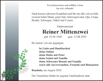 Traueranzeige von Reiner Mittenzwei von Ostthüringer Zeitung