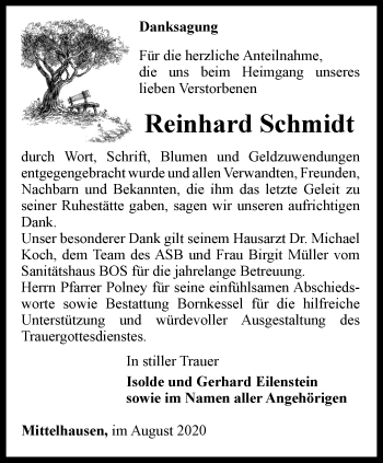 Traueranzeige von Reinhard Schmidt von Thüringer Allgemeine, Thüringische Landeszeitung