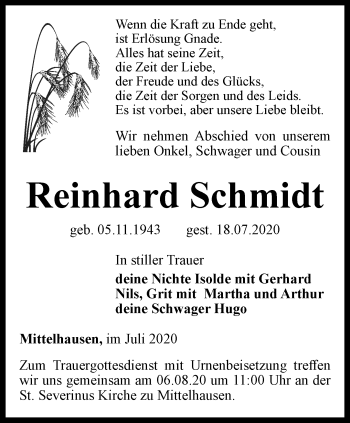 Traueranzeige von Reinhard Schmidt von Thüringer Allgemeine, Thüringische Landeszeitung