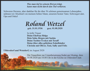Traueranzeige von Roland Wetzel von Ostthüringer Zeitung