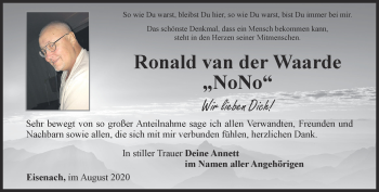 Traueranzeige von Ronald van der Waarde von Thüringer Allgemeine, Thüringische Landeszeitung