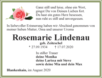 Traueranzeige von Rosemarie Lindenau von Thüringer Allgemeine, Thüringische Landeszeitung