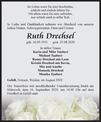 Traueranzeige von Ruth Drechsel von Ostthüringer Zeitung