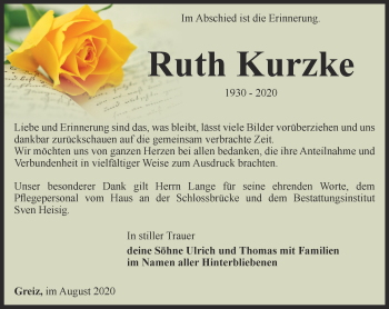 Traueranzeige von Ruth Kurzke