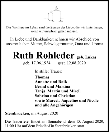 Traueranzeige von Ruth Rohleder