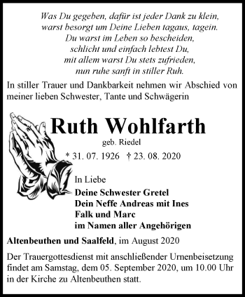 Traueranzeige von Ruth Wohlfarth von Ostthüringer Zeitung