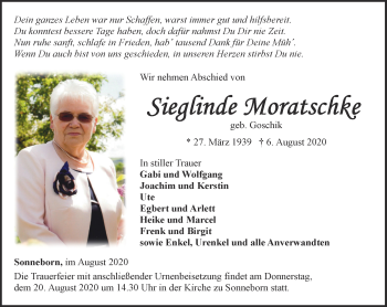 Traueranzeige von Sieglinde Moratschke von Thüringer Allgemeine, Thüringische Landeszeitung