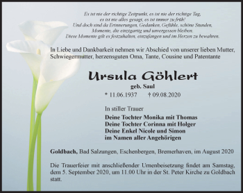 Traueranzeige von Ursula Göhlert von Thüringer Allgemeine, Thüringische Landeszeitung