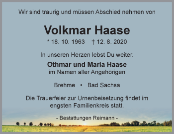 Traueranzeige von Volkmar Haase von Thüringer Allgemeine