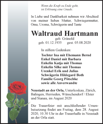 Traueranzeige von Waltraud Hartmann