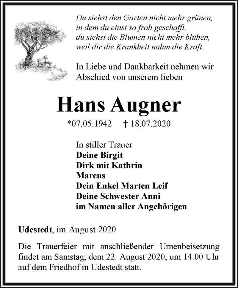 Traueranzeige für Hans Augner vom 08.08.2020 aus Thüringer Allgemeine