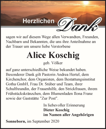 Traueranzeige von Alice Koschig von Thüringer Allgemeine, Thüringische Landeszeitung