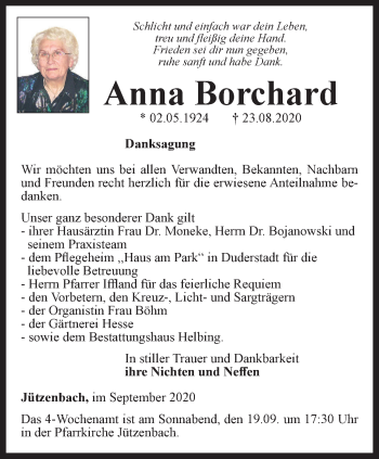 Traueranzeige von Anna Borchard von Thüringer Allgemeine