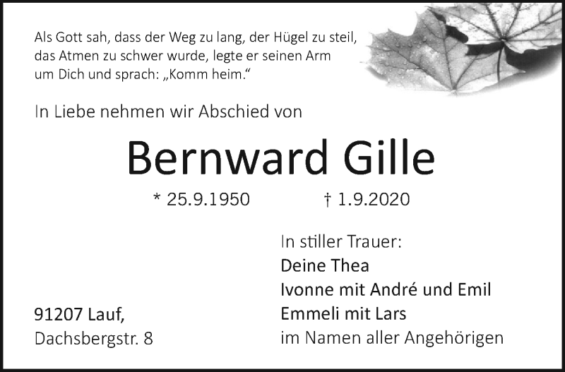  Traueranzeige für Bernward Gille vom 05.09.2020 aus Thüringer Allgemeine