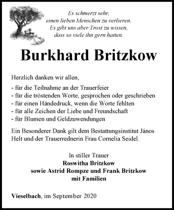 Traueranzeige von Burkhard Britzkow von Thüringer Allgemeine, Thüringische Landeszeitung