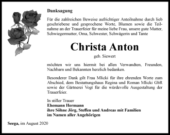 Traueranzeige von Christa Anton von Thüringer Allgemeine