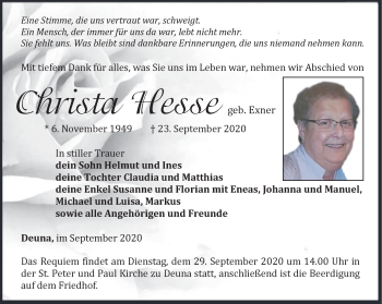Traueranzeige von Christa Hesse von Thüringer Allgemeine