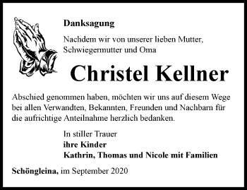 Traueranzeige von Christel Kellner von Ostthüringer Zeitung