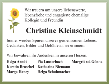 Traueranzeige von Christine Kleinschmidt von Ostthüringer Zeitung, Thüringische Landeszeitung