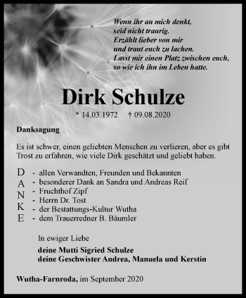 Traueranzeige von Dirk Schulze von Thüringer Allgemeine, Thüringische Landeszeitung