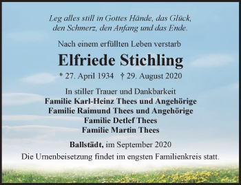 Traueranzeige von Elfriede Stichling von Thüringer Allgemeine, Thüringische Landeszeitung